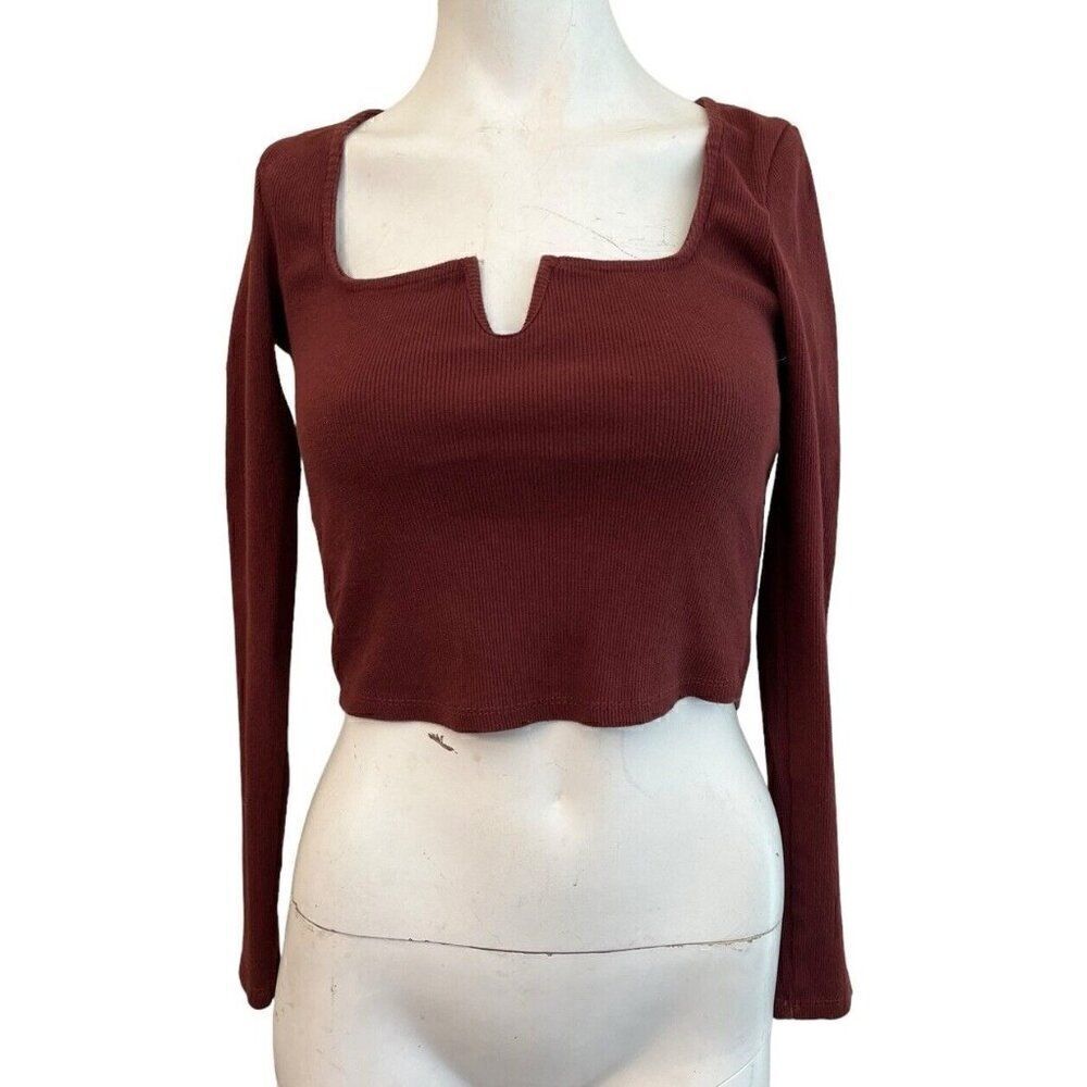 Zara Medium Burgundy Ribbed Long Sleeve Cropped BodyCon Shirt Stretch Maroon